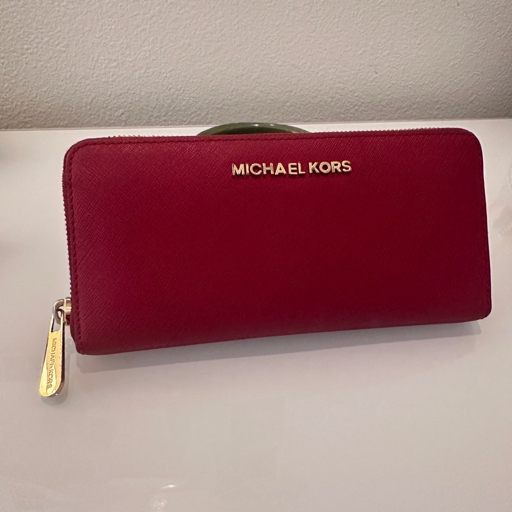 Michael Kors Red Leather Wallet with Gold Accents